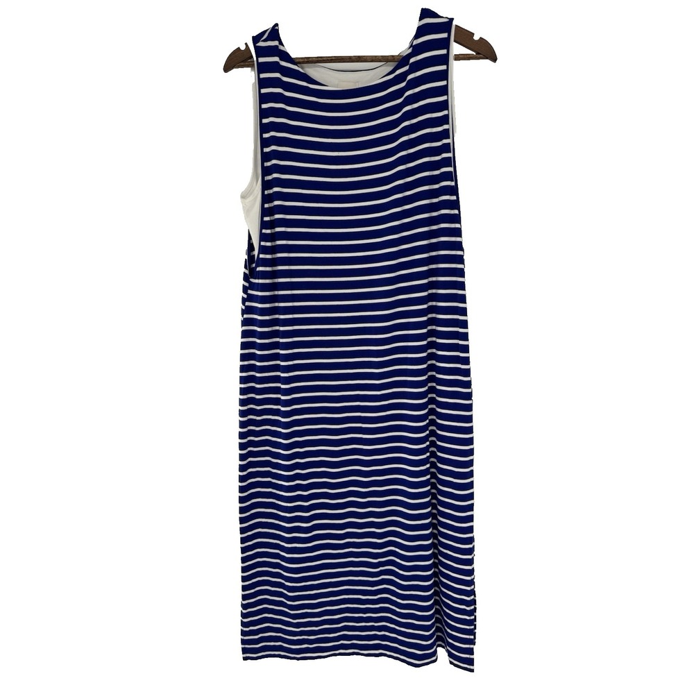 Chicos Striped Double-Layer Maxi Dress 2 Large Blue White Side Slit beachy